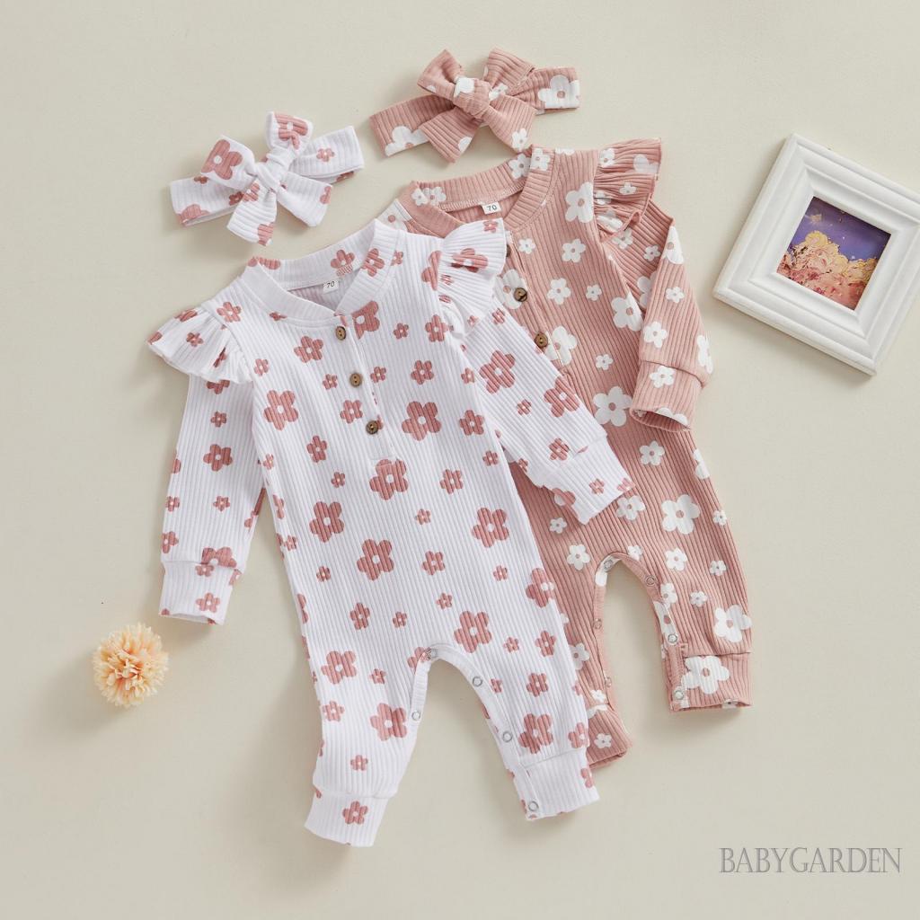 Bộ Áo Liền Quần Tay Dài In Hoa Có Gân Và Băng Đô Dễ Thương Dành Cho Bé Gái 0-12 Tháng Tuổi