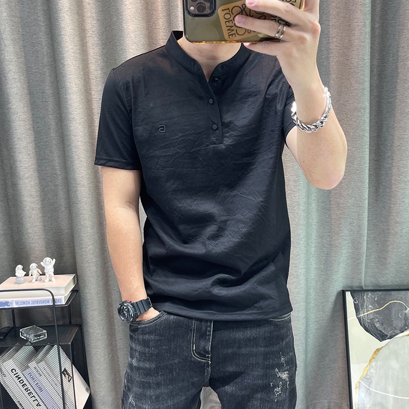 Áo Thun Polo Cotton Lanh Mỏng Ôm Dáng Cổ Đứng Tay Ngắn Phong Cách Hong Kong Cho Nam