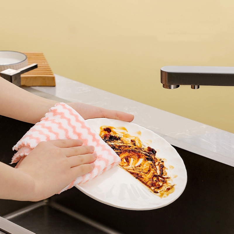 Trang chủ làm khô nhanh khăn lau loại bỏ dầu / nhà bếp không dính dầu coral fleece khăn rửa bát / khăn lau tay sợi nhỏ dày mềm / sọc sóng siêu thấm hút khăn lau