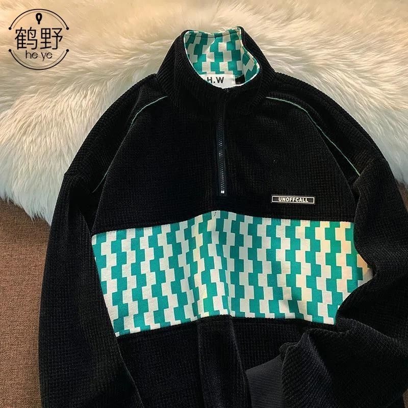 Waffle nửa dây kéo polo cổ áo len nam và nữ áo khoác rộng thùng thình mùa thu