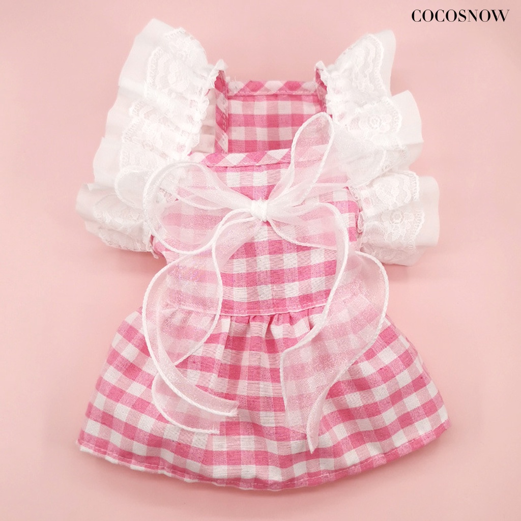 Váy công chúa mèo ren khâu cổ áo vuông xù kẻ sọc in hình chó cưng mèo bowknot váy mặc hàng ngày