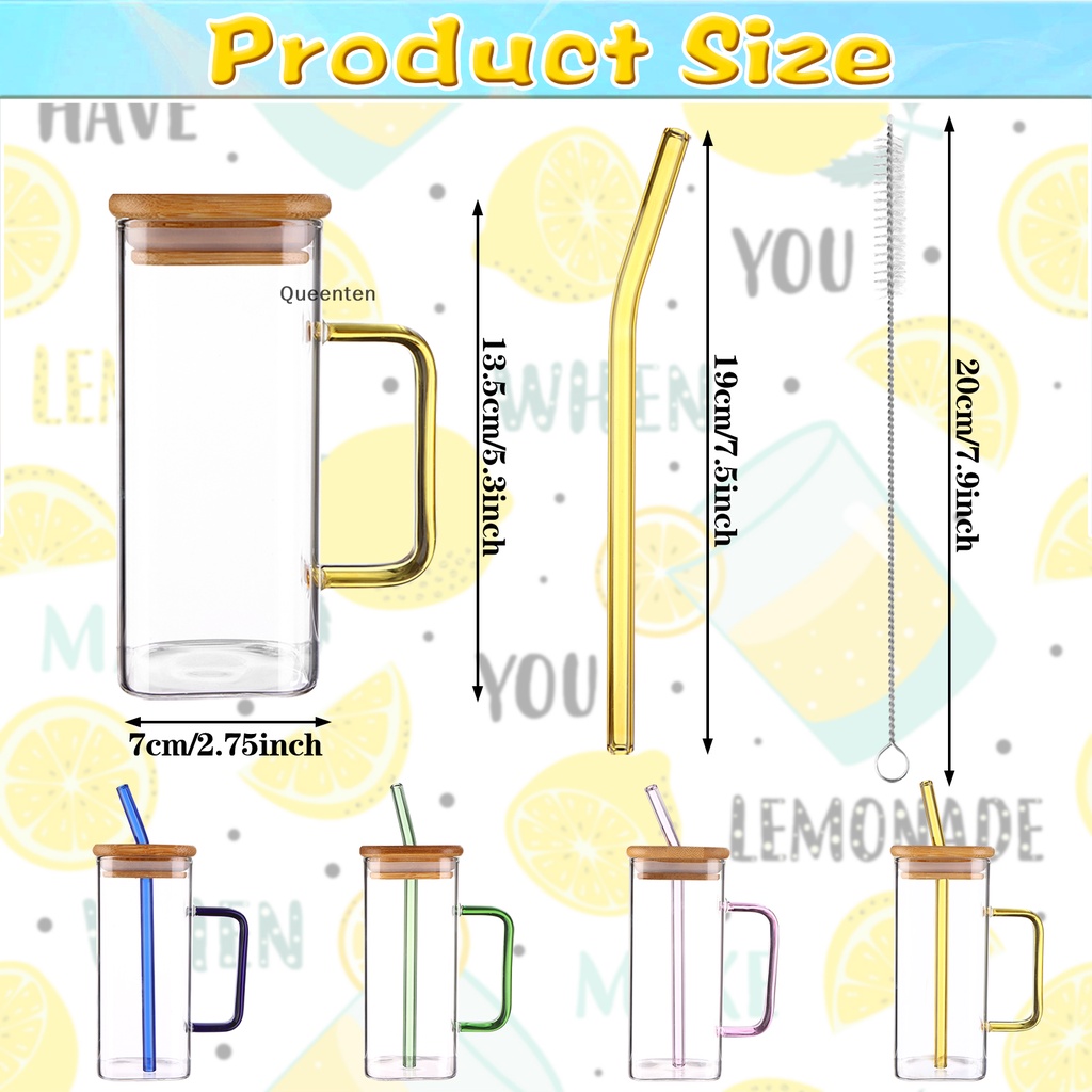 Ly uống queenten 4 gói có nắp tre và ống hút thủy tinh, ly thủy tinh 14oz / 400ml có nắp và ống hút, ly uống vuông cho cocktail, rượu whisky, cà phê nóng / đá, juic