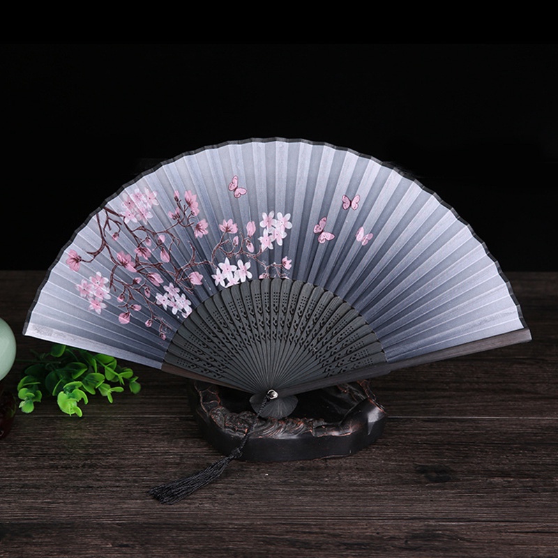Quạt gấp lụa qjzb1 hai màu xanh lá cây đen xương xanh bề mặt hoa anh đào bướm