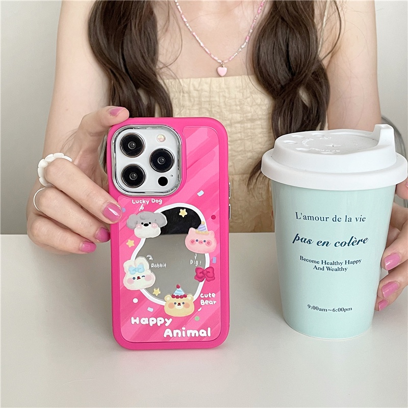 Ốp Điện Thoại Có Gương Trang Điểm Màu Đỏ Hồng Cho iPhone 14 Pro Max 13 13pro 13Plus 8Plus Xr XS XSMAX 12 Pro Max