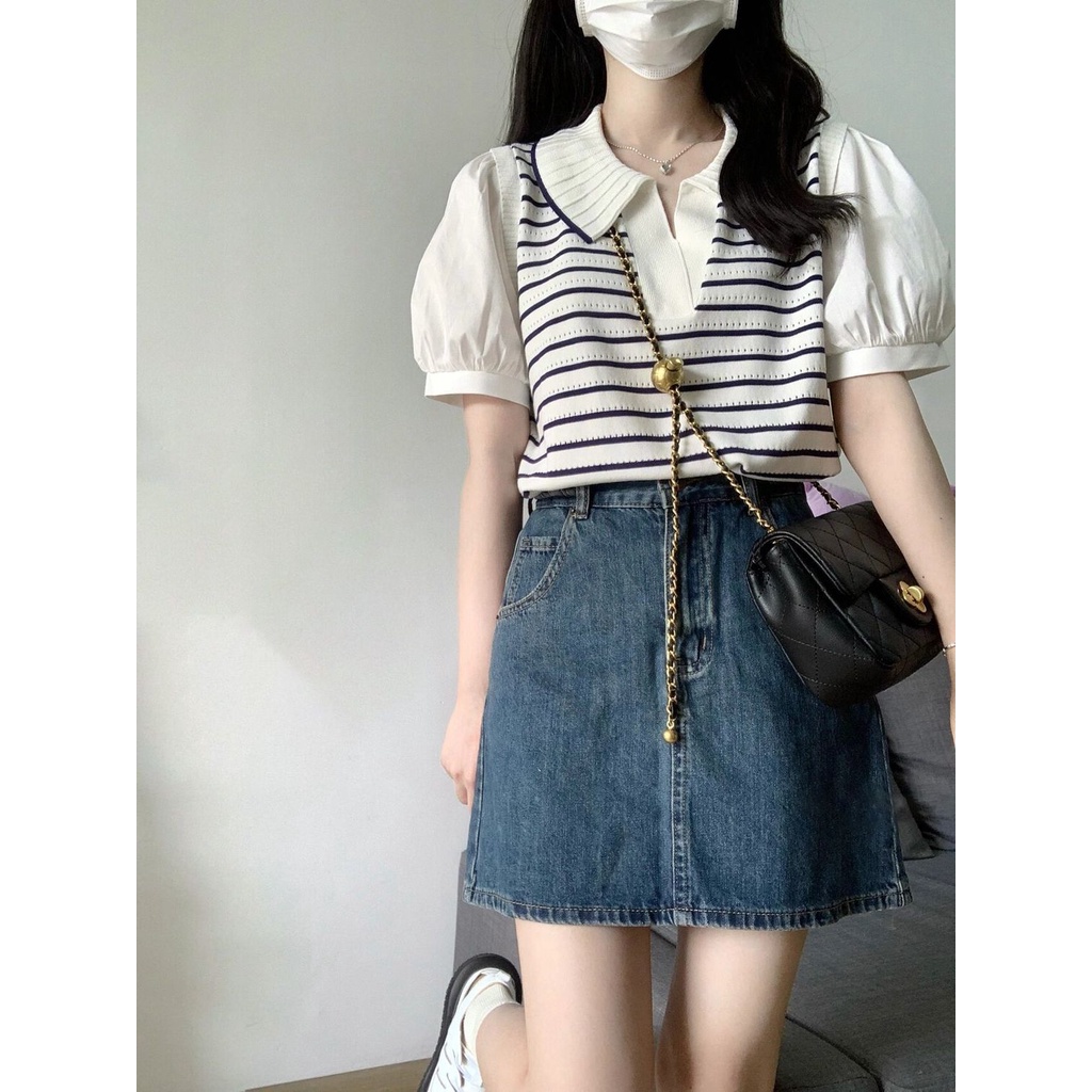 Áo Thun polo Ngắn Tay Giả Hai Lớp Họa Tiết Sọc Ngang Thời Trang Dành Cho Nữ