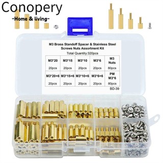 Conopery 320 chiếc hex brass spacer, nam nữ pcb bo mạch chủ standoff screw nut, standoff spacer m3 gold threaded pillar assortment kit dự án điện tử tự làm
