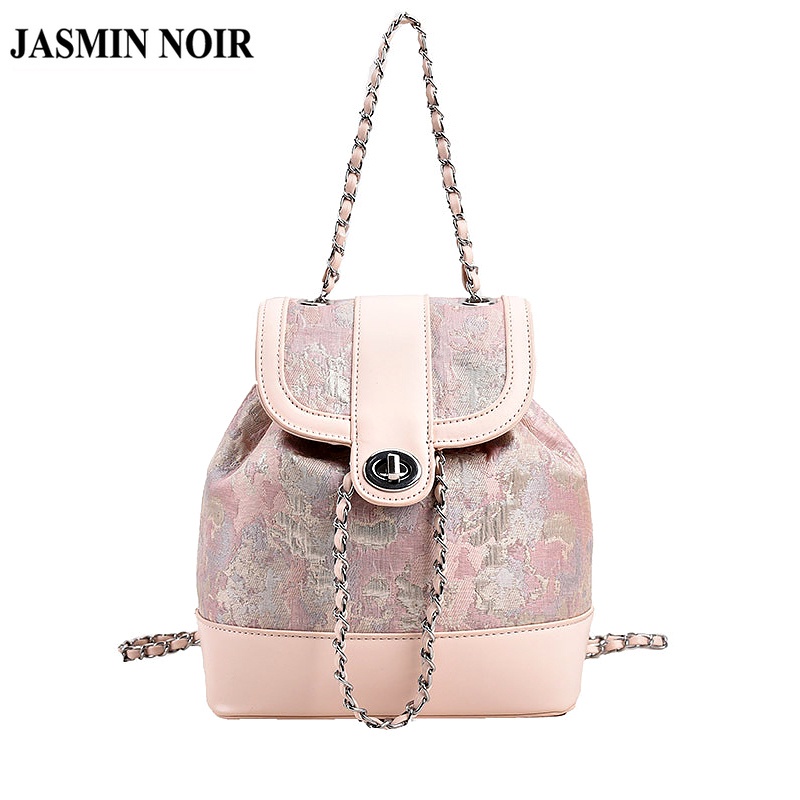 Jasmin noir nylon và pu in hoa ba lô của phụ nữ khóa chuỗi thông thường túi nhỏ đi học cho bé gái túi du lịch
