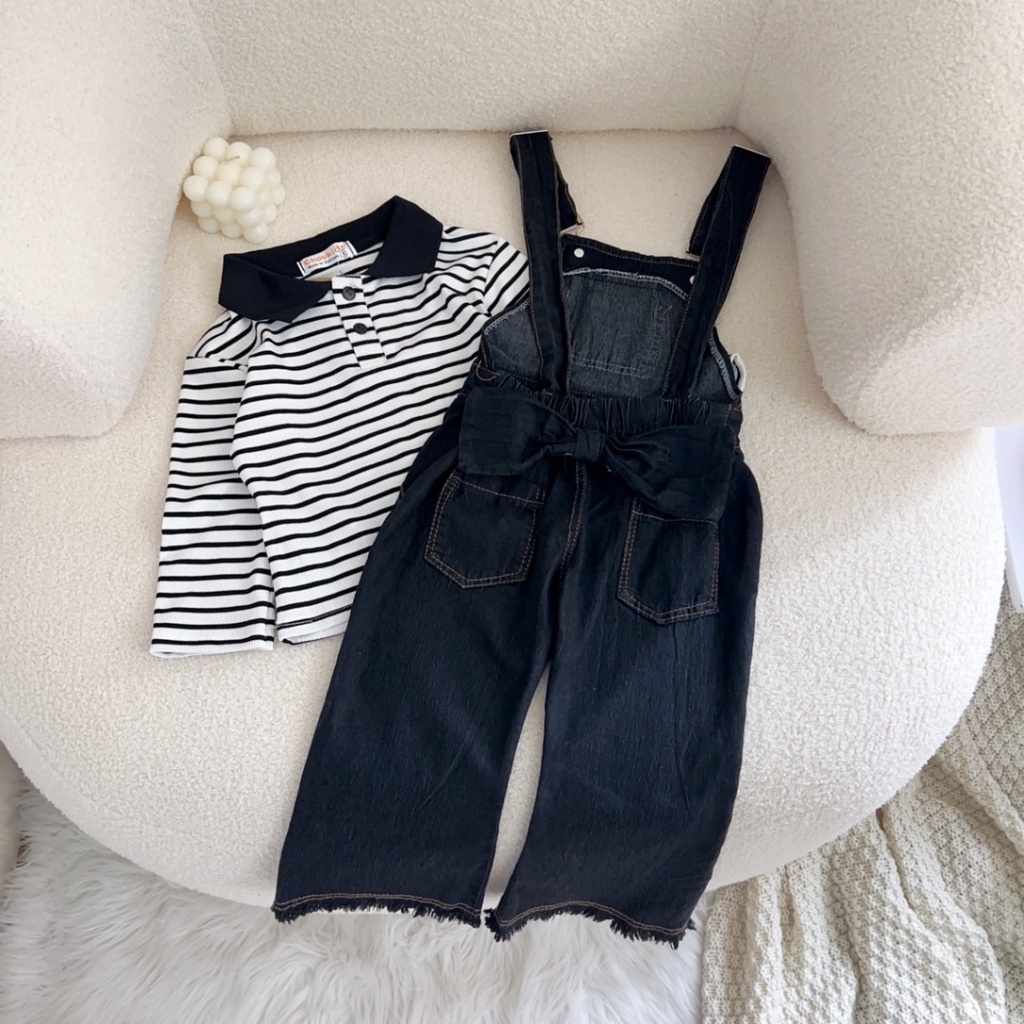 Sét Yếm Jean + Áo Zip Kẻ 10-26kg Đính Nơ Lưng Bé Gái - Shop Mẹ Bông 92