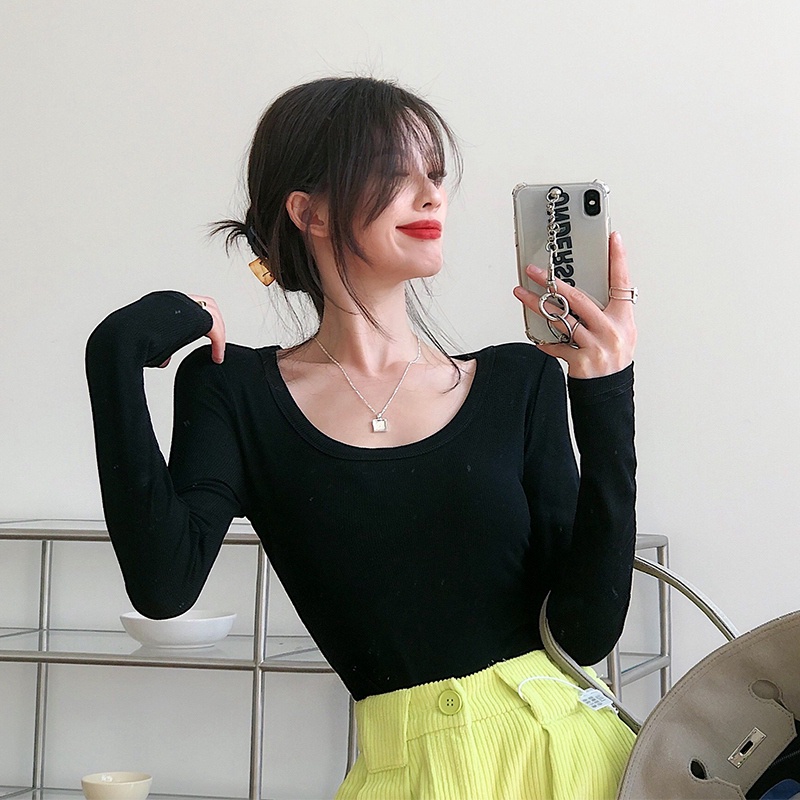 Sexy skinny long-sleeved t-shirt u-neck thoải mái hàng đầu của phụ nữ mùa thu hzfwc8151