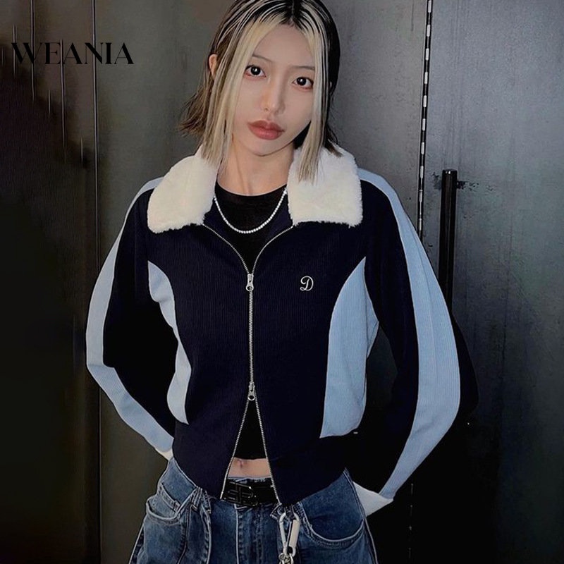 Weania Áo Khoác Cardigan Ngắn Ôm Dáng Cổ Phối Lông Ghép Màu Sắc Phù Hợp Với Nữ