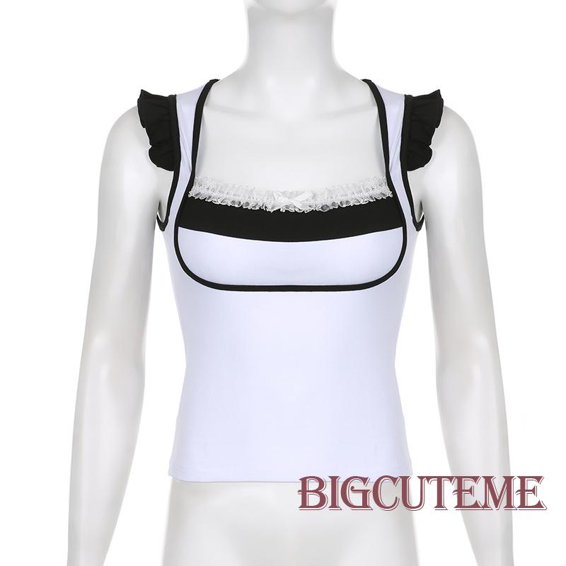 [] Áo Không Tay Cổ Vuông Dáng Ôm Phối Ren Màu Trắng Tương Phản Thời Trang Mùa Hè Dành Cho Nữ