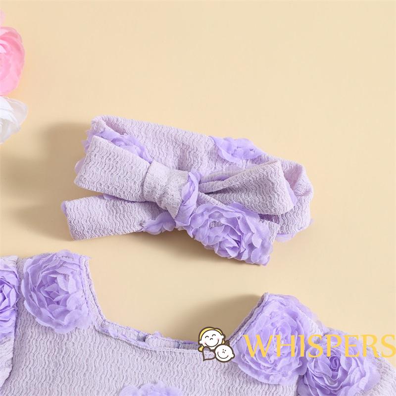 Bộ Áo Liền Quần Cổ Vuông Tay Ngắn In Họa Tiết Hoa 3D Kèm Băng Đô Xinh Xắn Cho Bé Gái 0-24 Tháng Tuổi