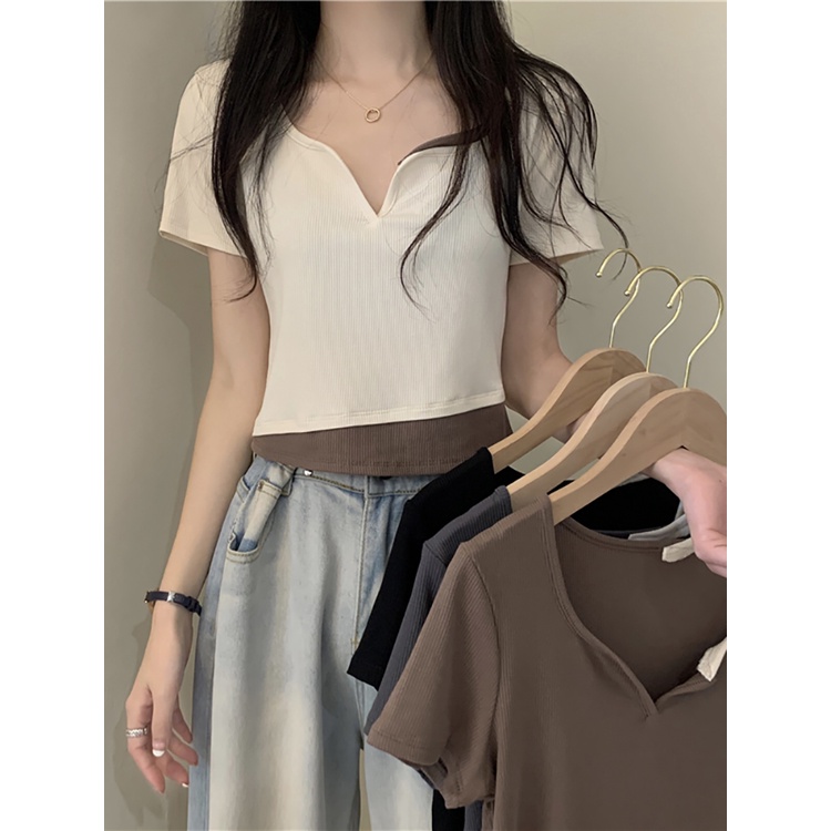 SUXI Áo Thun Ngắn Tay Cổ V Lưng Cao Thời Trang Mùa Hè Cho Nữ