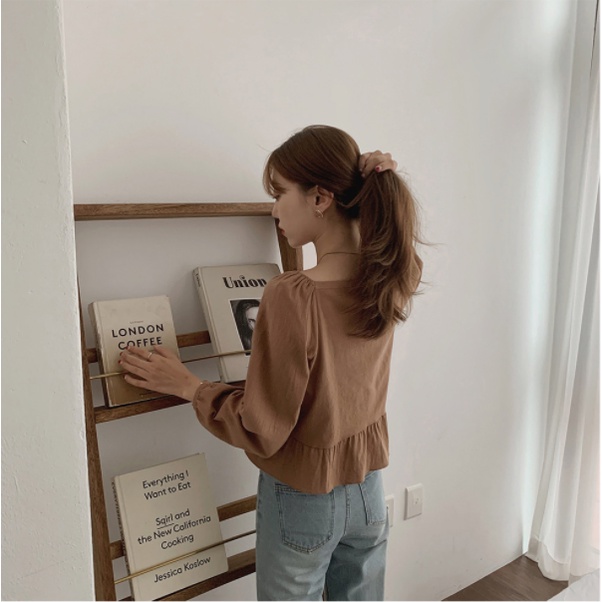 Áo sơ mi SUXI tay dài cổ vuông dáng rộng đơn giản phong cách Hàn Quốc thời trang