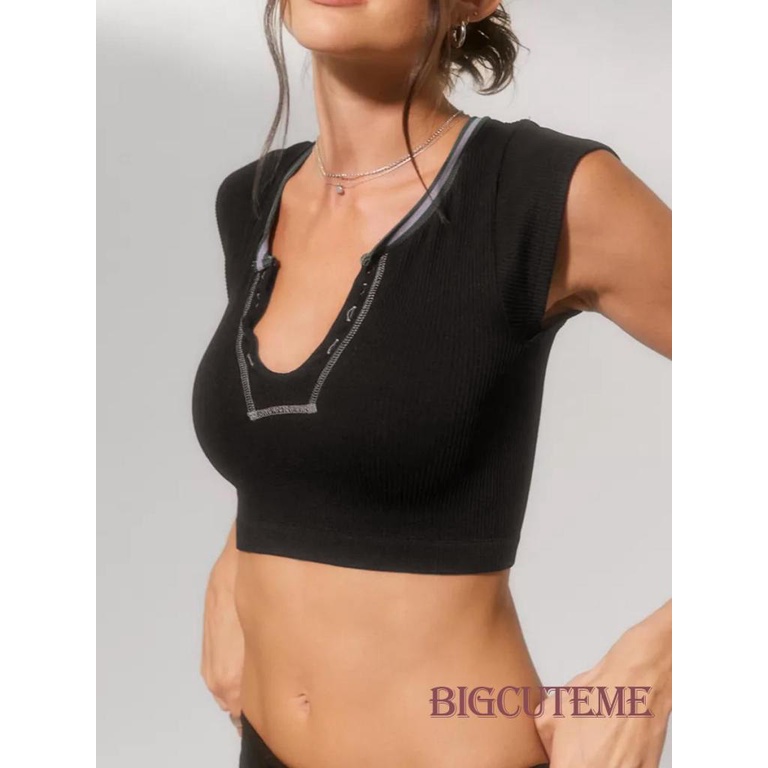 Áo Thun Crop Top Ôm Dáng Cổ Chữ V Màu Sắc Tương Phản Thời Trang Mùa Hè Cho Nữ