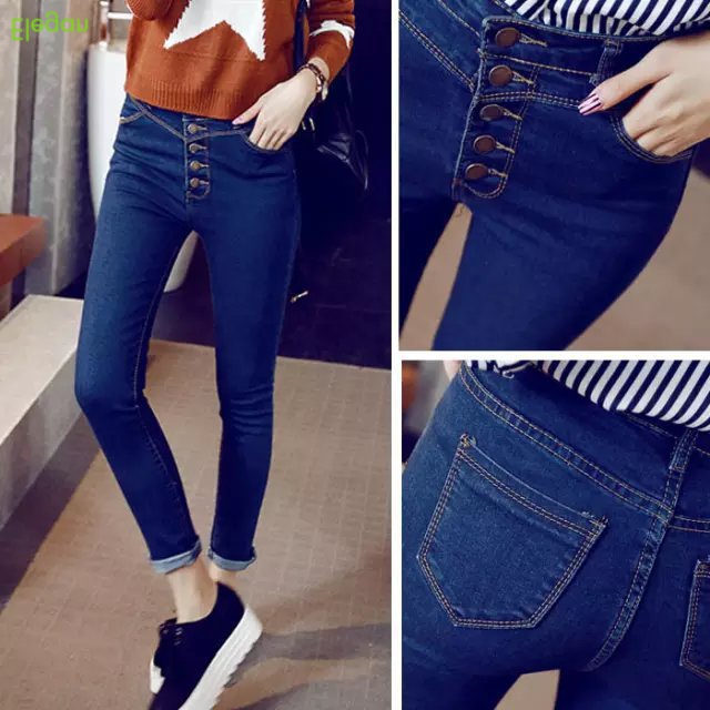 Quần Jeans Skinny Lưng Cao Phối Nút Thiết Kế Mới Thanh Lịch