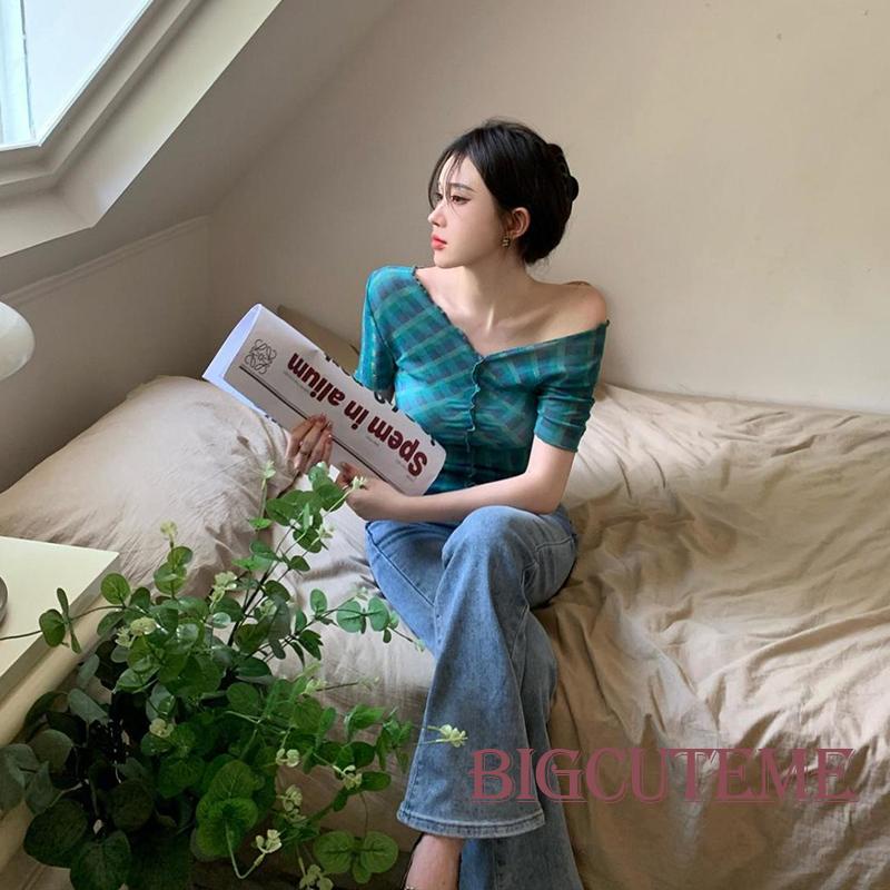 Áo Thun Lưới Tay Ngắn Cổ Chữ V Xuyên Thấu Họa Tiết Kẻ Sọc Thời Trang Mùa Hè Cho Nữ