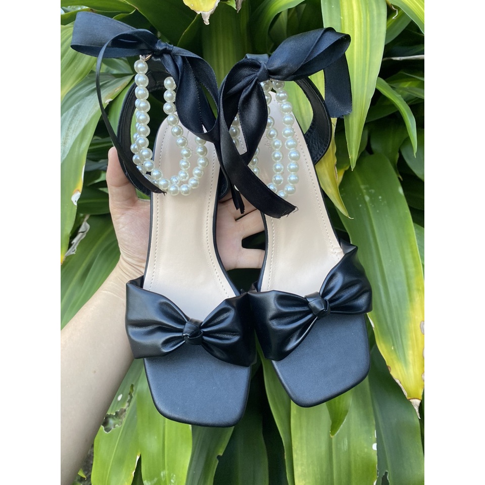 Sandal nơ phối dây ngọc gót trụ VP Shoes mã V36