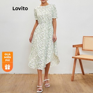 Lovito đầm xòe in hoa cổ tròn l20d039