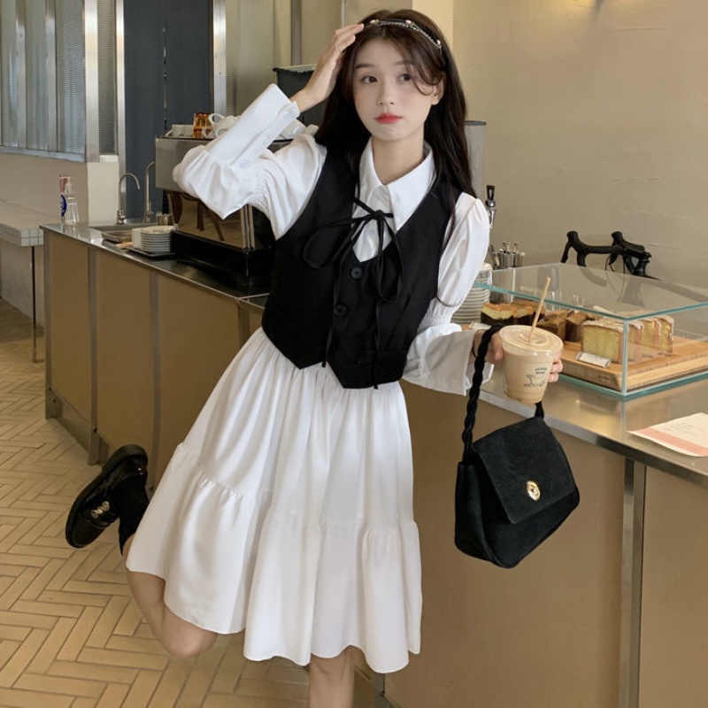 Set Đầm polo Dài Tay Và Áo Khoác Sát Nách Màu Đen Phong Cách Nữ Thần