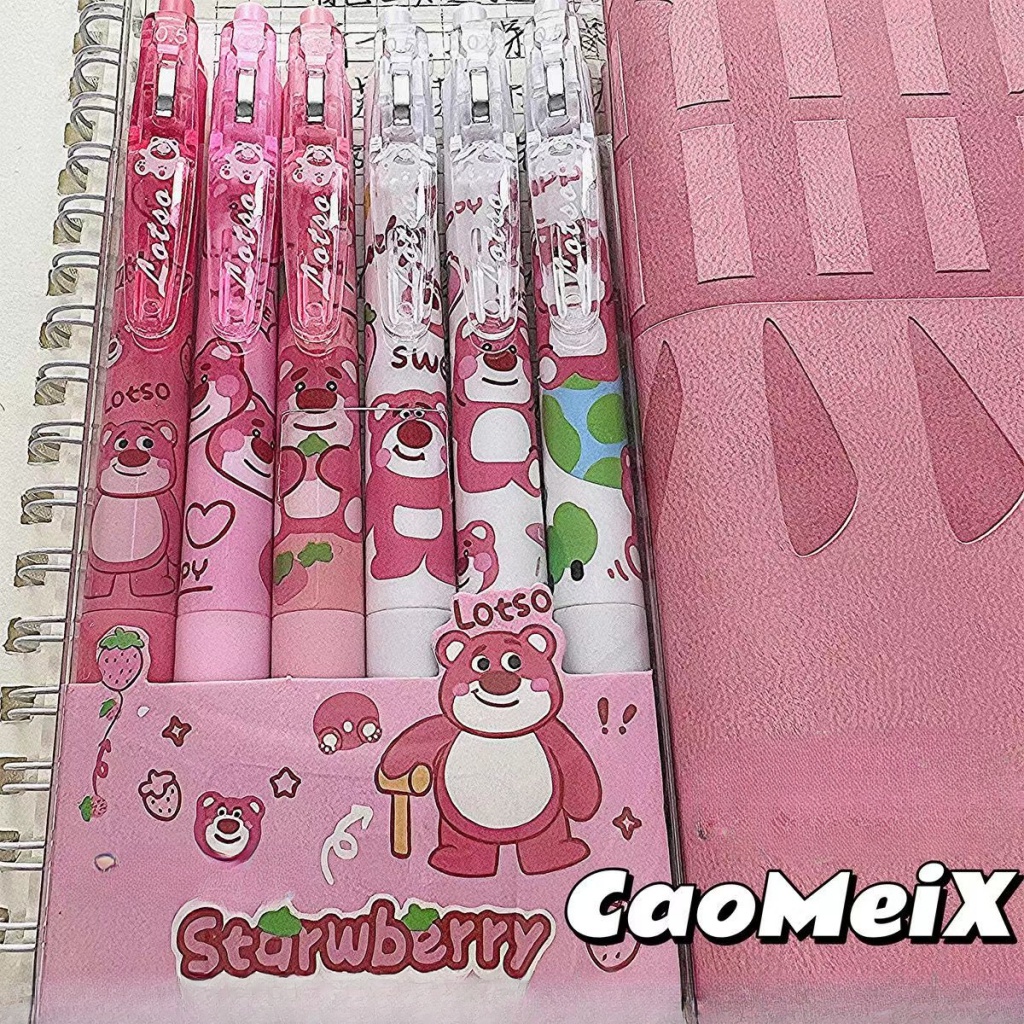 Bộ 6 Bút Mực Gel Ngòi 0.5Mm Màu Đen In Hình Gấu / Dâu Tây Kiểu Công Nghệ Cao Nhanh Khô