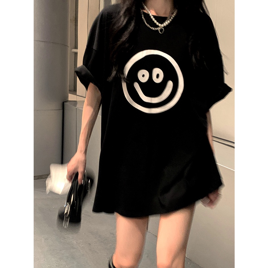 Áo Thun 100% cotton Màu Đen Dáng Rộng In Họa Tiết Thời Trang Mùa Hè Dành Cho Nữ 4683