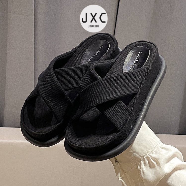 Dép JINXCHOY vải đế dày màu trơn mang thoải mái phong cách ulzzang thời trang 2023 mới