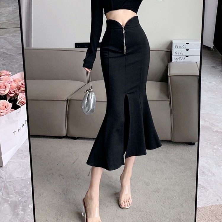 Chân Váy Đuôi Cá Dáng Chữ A Lưng Cao Màu Đen Thời Trang Thu Đông 2023