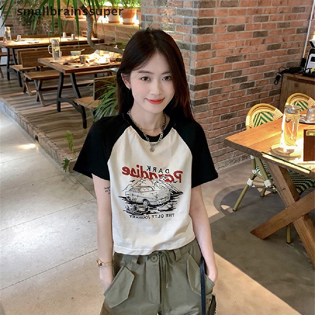 Áo Thun Croptop Tay Ngắn Cổ Tròn In Họa Tiết Phong Cách Retro Mỹ Cho Nữ