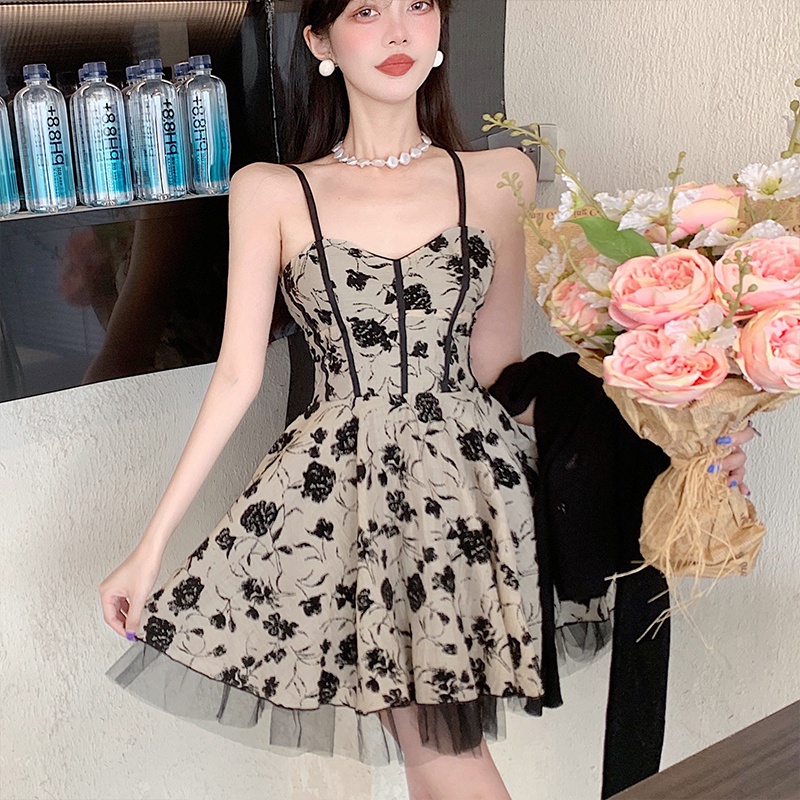 IELGY  Đầm Hai Dây Phối Lưới Họa Tiết Hoa Dáng Ôm Thời Trang Cho Nữ