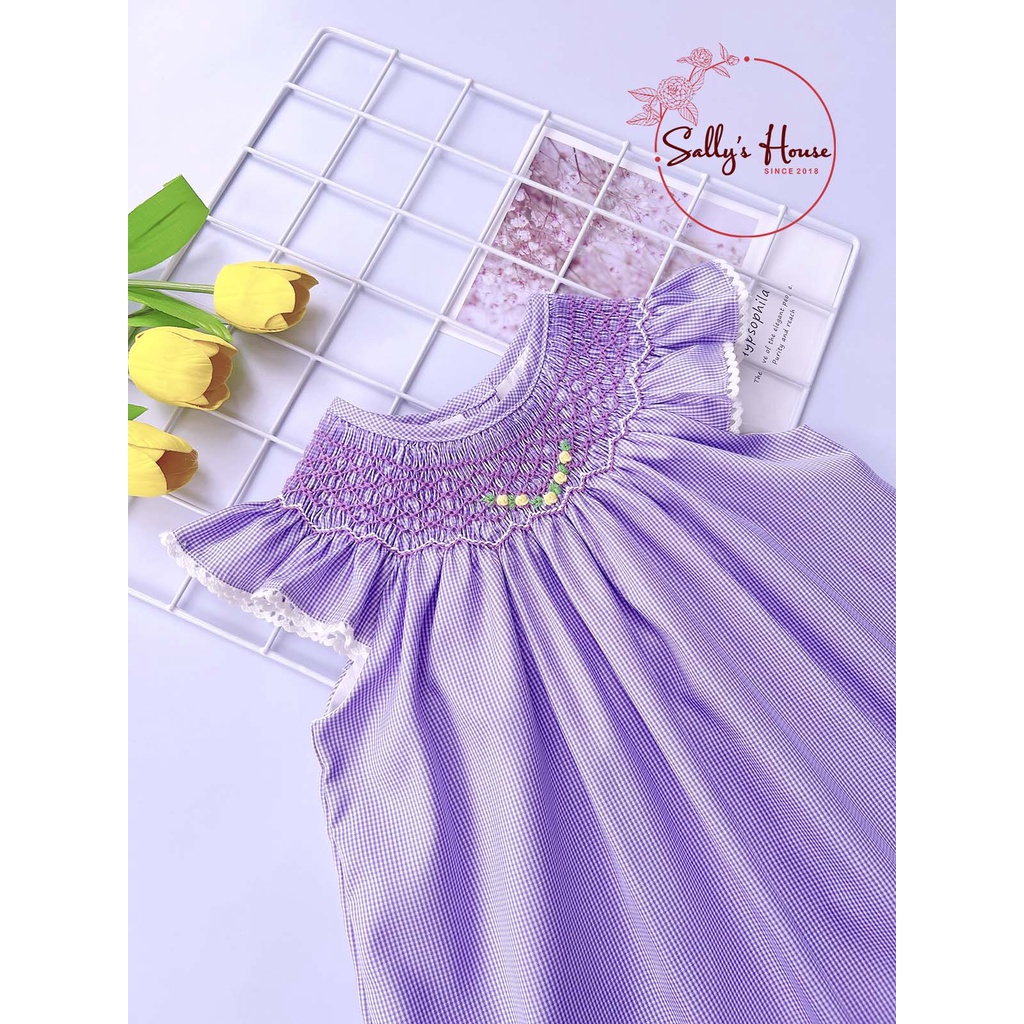 Đầm xích móc tím cho bé gái, vải cotton lụa mềm ít nhăn. đầm bé gái hai lớp