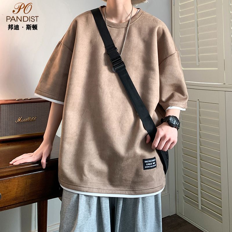 【luckin men's】áo thun oversize nam，bigsize t shirt，áo thun form rộng，áo nam，Áo Thun Da Lộn Ngắn Tay Dáng Rộng Thời Trang Mùa Hè Cho Nam Nữ，áo thun unisex，áo phông，áo sơ mi nam，thời trang nam，hàn quốc，đen，trắng，xám，kaki，xanh lam
