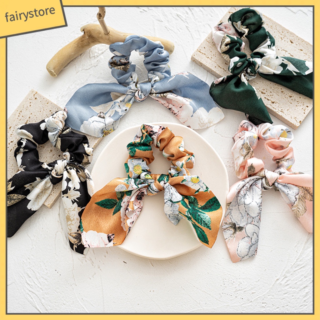 Set 4 Dây Cột Tóc Vải Satin Mềm Mịn In Họa Tiết Hoa Xinh Xắn Dùng Hàng Ngày