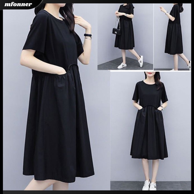 Đầm Chữ A Tay Ngắn Cổ Tròn Màu Sắc Đơn Giản Thanh Lịch Dành Cho Nữ