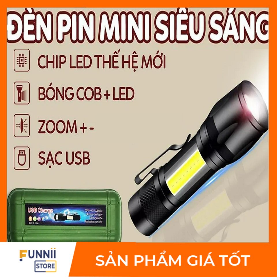 Đèn pin siêu sáng mini bin sạc điện usb bóng led xpe cob có zoom chống nước cầm tay chuyên dụng ..