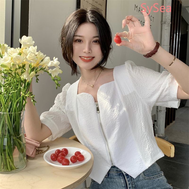 Áo Kiểu Cổ Vuông Phối Khóa Kéo Phong Cách Hàn Quốc Cho Nữ