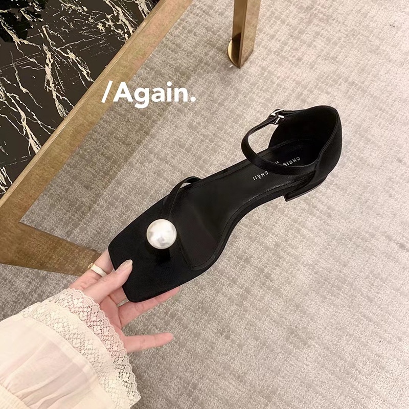 Giày Sandal Gót Dày Mũi Vuông Quai Đính Ngọc Trai Đơn Giản Dễ Phối Đồ Thời Trang Mùa Hè Cho Nữ Crush157