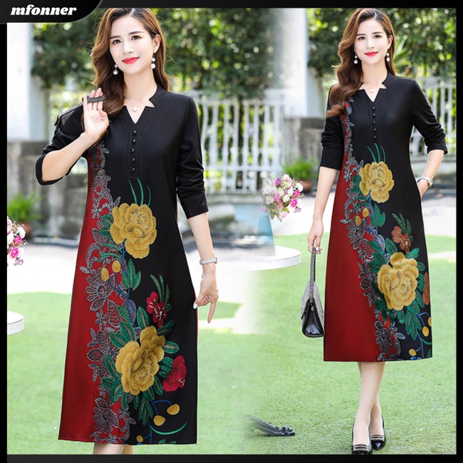 Đầm Sườn Xám Tay Dài Cổ Chữ V In Họa Tiết Hoa Nhí Xinh Xắn Thời Trang Phong Cách Retro Cho Nữ