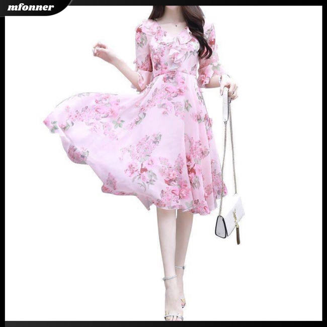 Đầm Tay Loe Cổ Chữ V Lưng Cao In Họa Tiết Phong Cách Hàn Quốc Thời Trang Cho Nữ