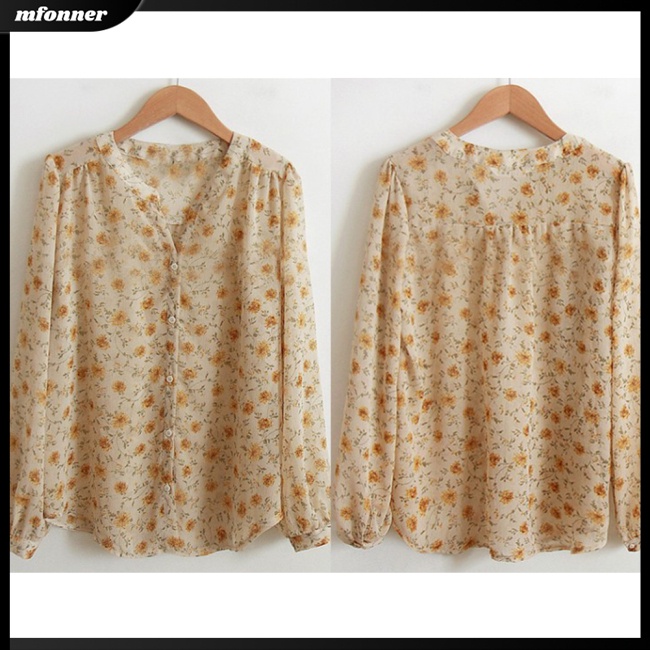 Áo Sơ Mi Voan Hoa Dài Tay Cổ V Thời Trang Nữ Tính