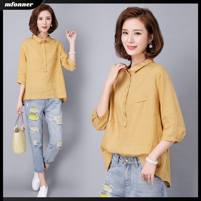 Áo Sơ Mi Tay Lửng Chất Liệu Cotton Lanh Thời Trang Mùa Hè Dành Cho Nữ