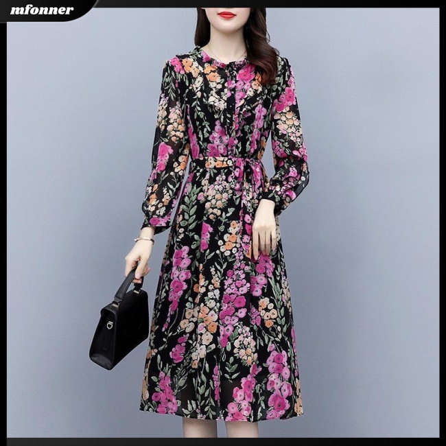 Đầm Midi Tay Dài Cổ Tròn Cột Dây Họa Tiết Hoa Thiết Kế Thoáng Khí Siêu Nhẹ Thời Trang Cho Nữ