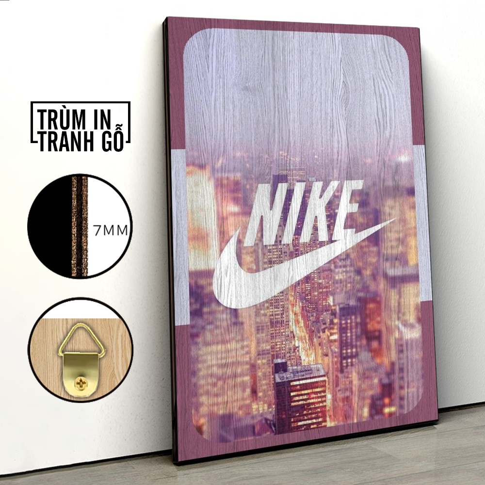 Tranh in gỗ trang trí nội thất Nike Nền Thành Phố decor phòng ngủ phòng khách văn phòng