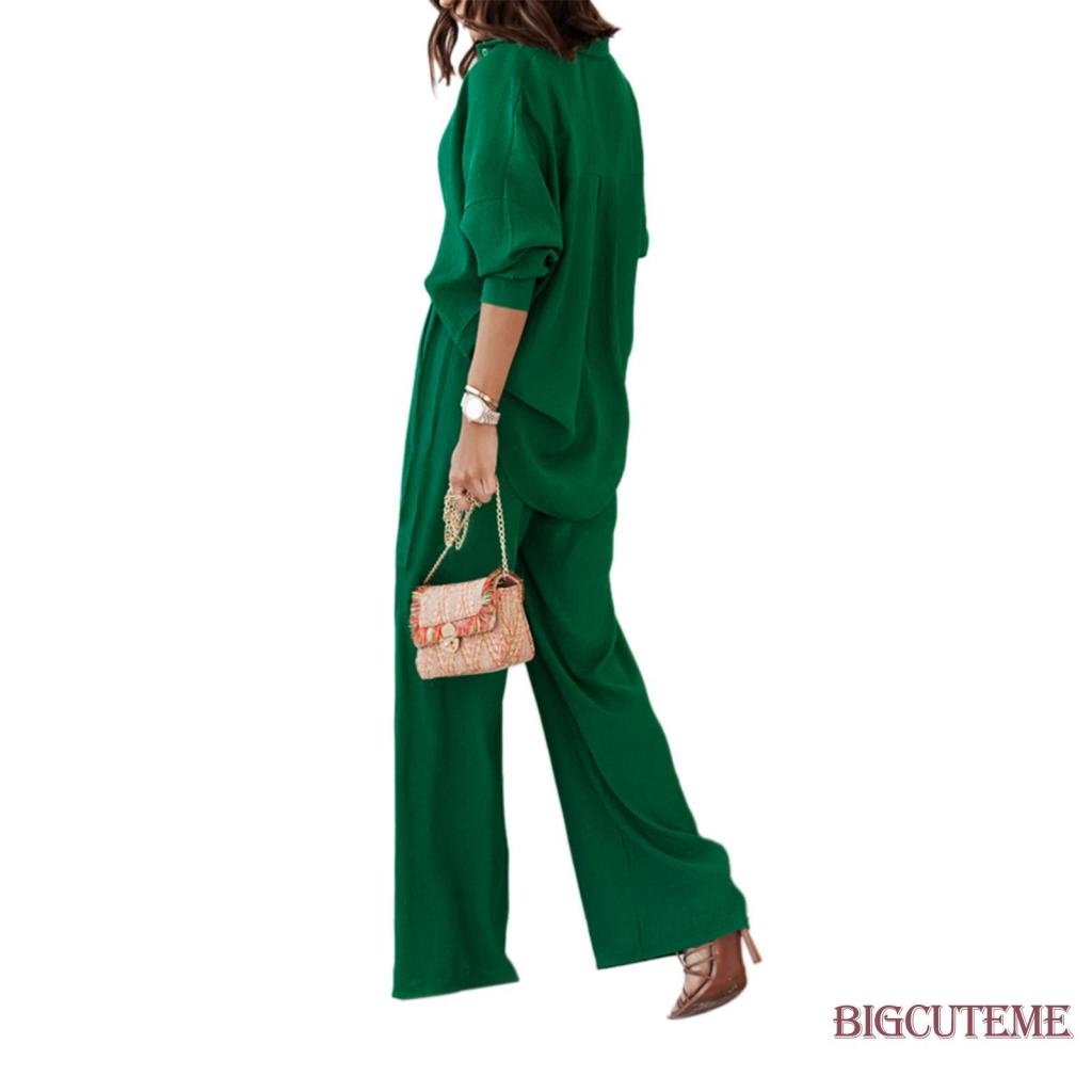 Set Đồ Mùa Xuân 2 Món Gồm Áo Sơ Mi Cổ Bẻ Tay Dài Cổ Bẻ Màu Trơn + Quần ống rộng Cho Nữ