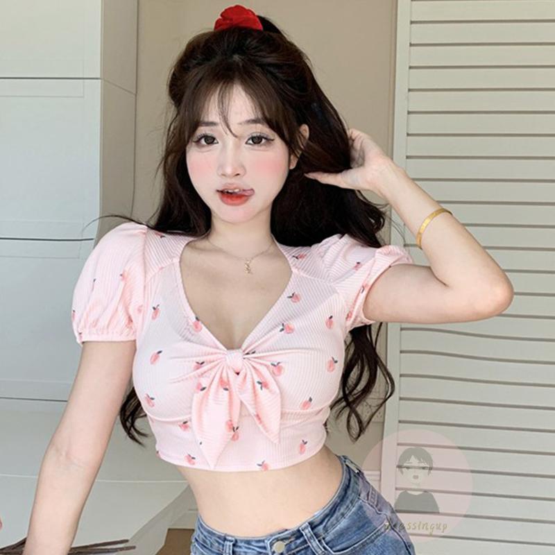 Áo Thun Tay Ngắn Cổ Chữ V Thắt Nơ In Hình Quả Đào Thời Trang Mùa Hè Cho Nữ