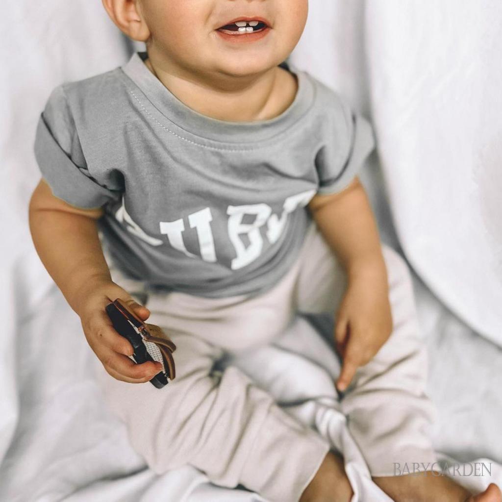 Bộ Áo Thun Tay Ngắn Cổ Tròn In Chữ + Quần Dài Lưng Thun Thời Trang Mùa Hè Cho Bé Trai 0-3 Tuổi