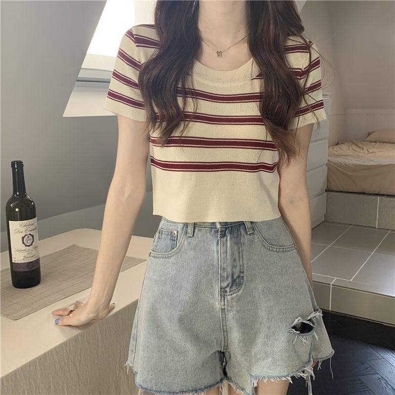 IELGY   Áo Thun Dệt Kim Ngắn Tay Họa Tiết Kẻ Sọc Thời Trang Cho Nữ