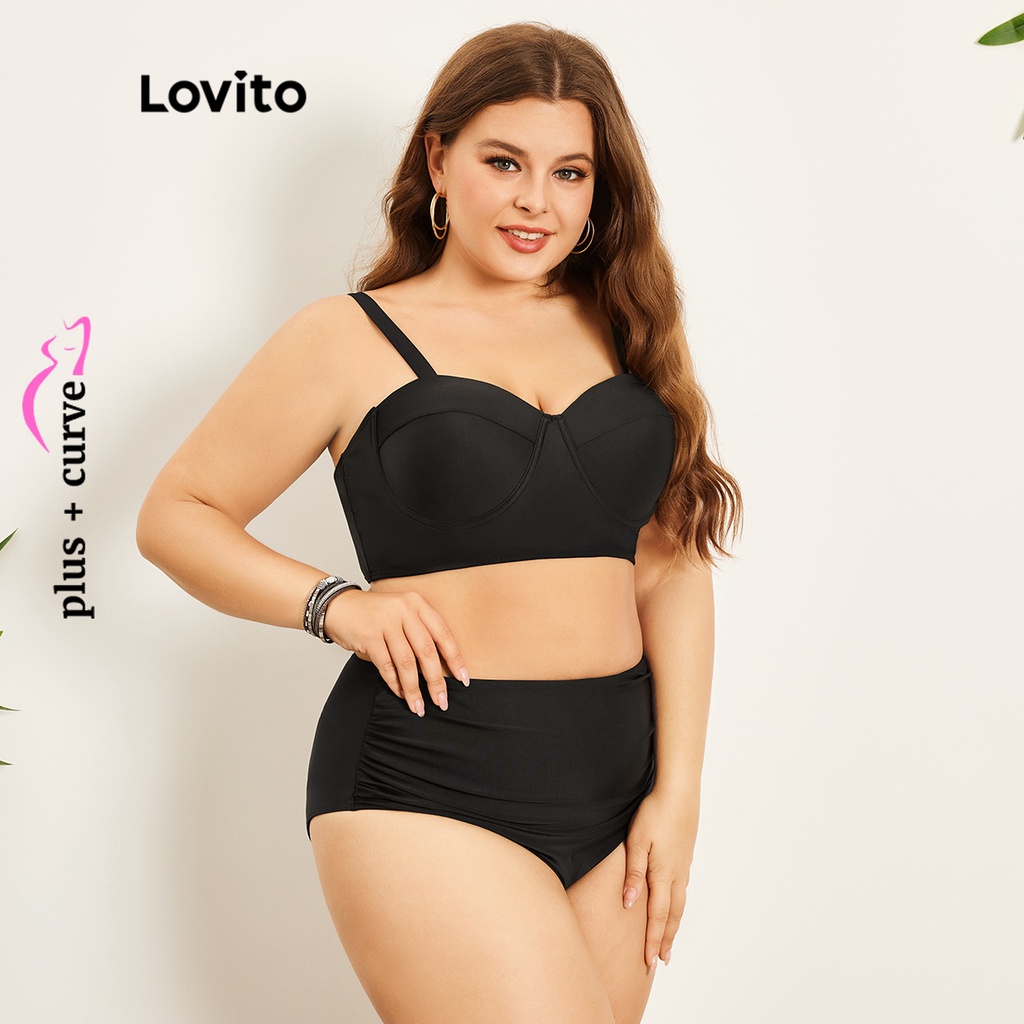 Bộ bikini đi biển Lovito xếp nếp cổ V màu trơn thường ngày tôn đường cong size lớn cho nữ LPS07064 (Màu đen)