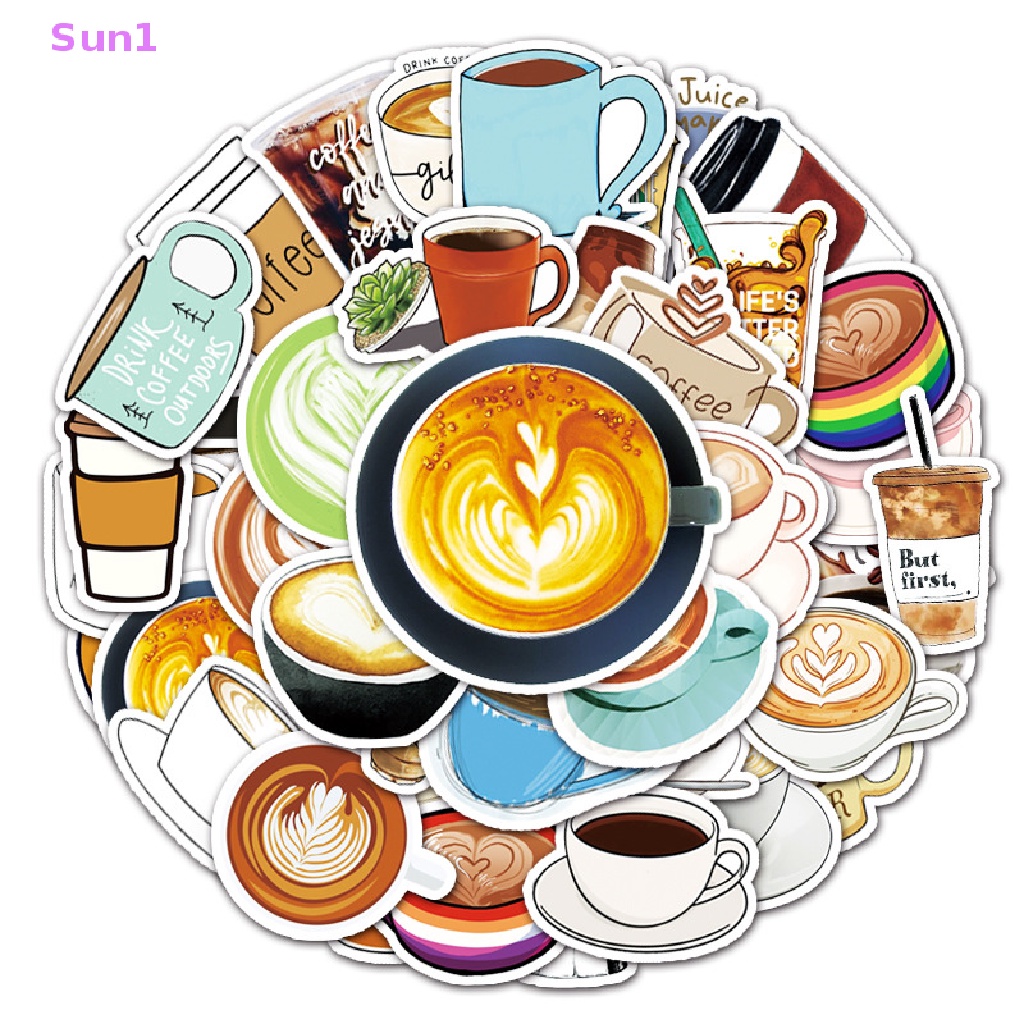 Set 50 Sticker Họa Tiết Cà Phê Hoạt Hình Trang Trí Laptop / Xe Scooter DIY