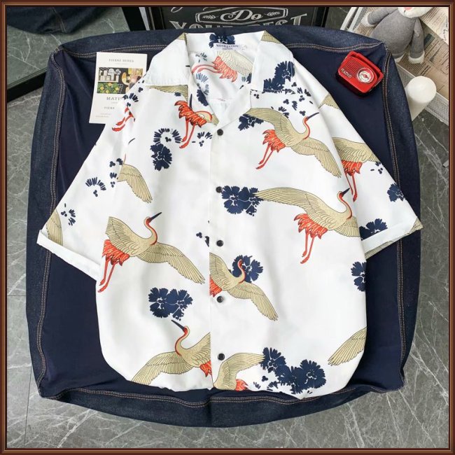 Áo Sơ Mi Tay Ngắn Dáng Rộng In Họa Tiết Chim Hạc Độc Đáo Thời Trang Mùa Hè Cho Nam